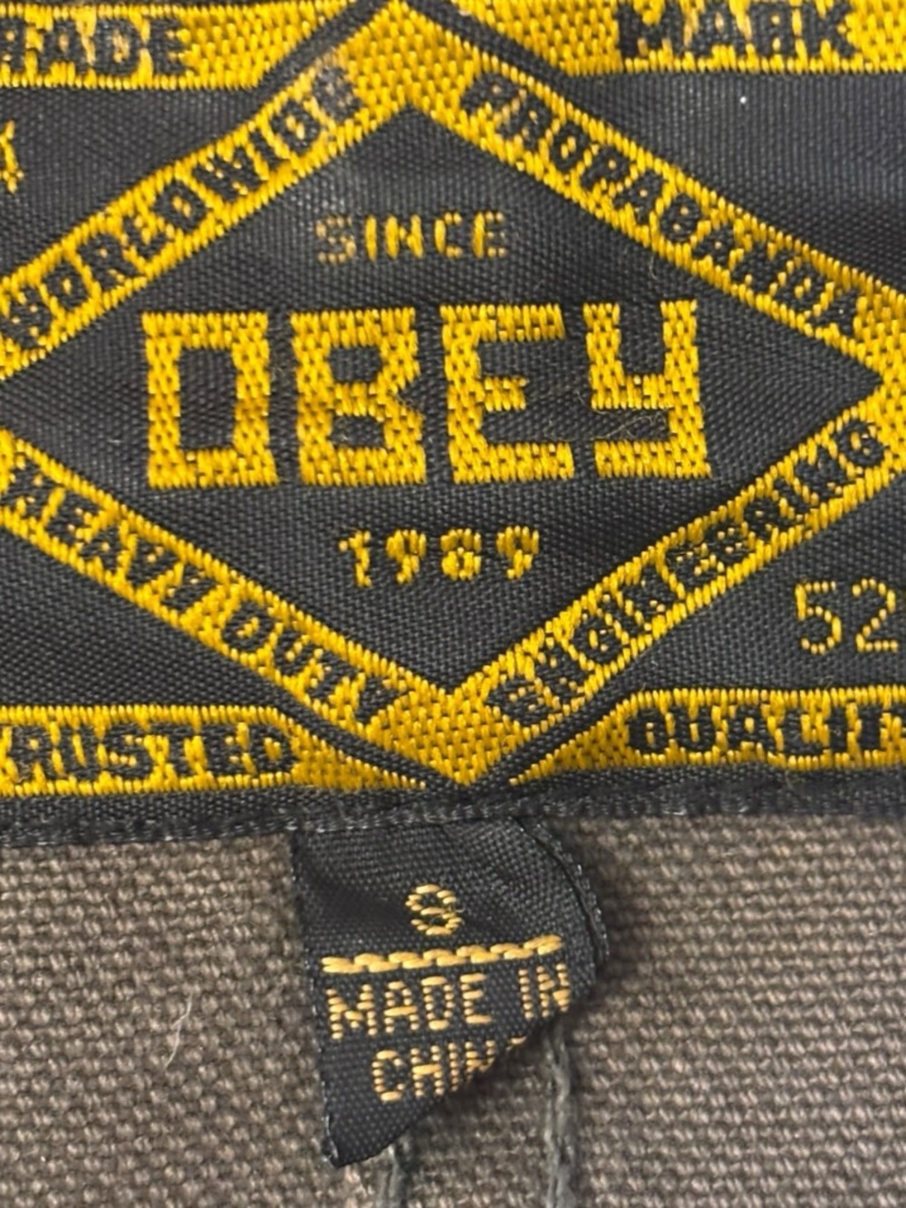OBEY Men's Olive Brown Work Jacket with Denim Collar Size Small - Picture 5 of 6